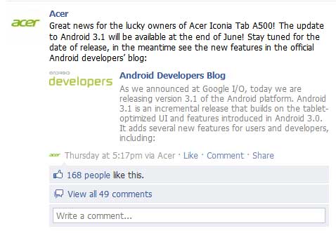 Acer Iconia Tab A500 六月尾升级至 3.1 
