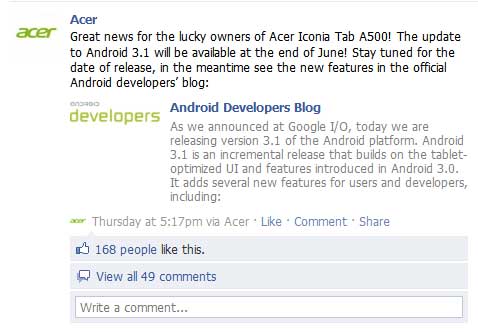 Acer Iconia Tab A500 六月尾升级至 3.1