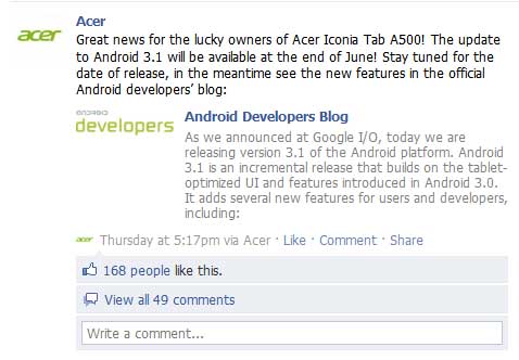 Acer Iconia Tab A500 六月尾升級至 3.1 