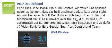 acer deutschland a500 Android 3.1 升級