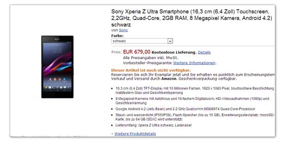 Sony Xperia Z Utlra 售价