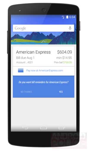 Google Now 帐单缴付提示
