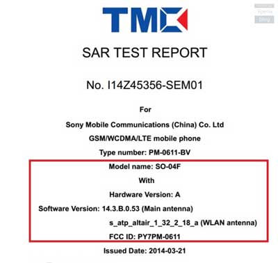 Sony Xperia Z2 Compact FCC