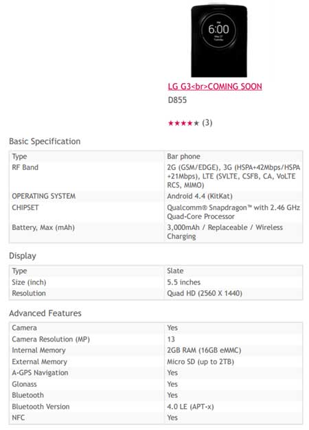 LG G3 Spec