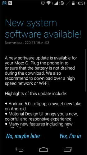 Moto G 1st Gen Android 5.0 Lollipop