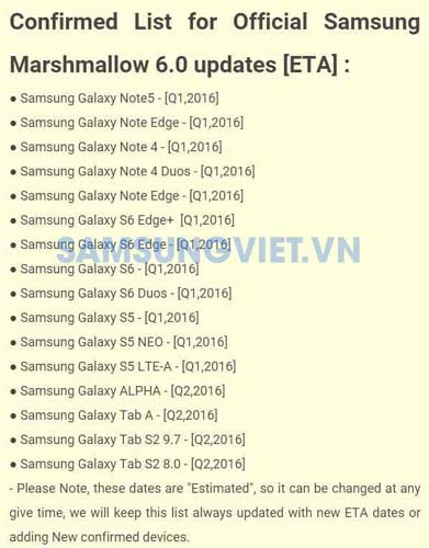 Samsung Android 6.0 Update Plan
