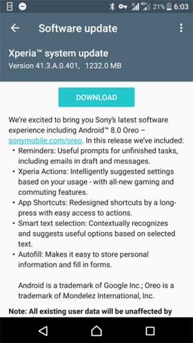 Sony Xperia XZ Android 8.0 Oreo 