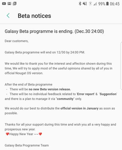 Samsung Galaxy Beta Program End