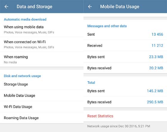 Telegram 3.16 Data Usage