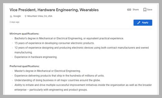 Google 招聘穿戴裝置工程人員