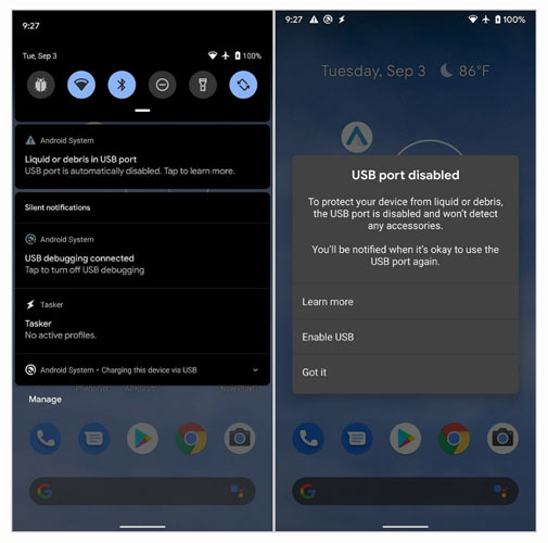 Android 10 USB Port Warning
