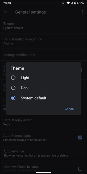 Gmail Dark Theme Settings