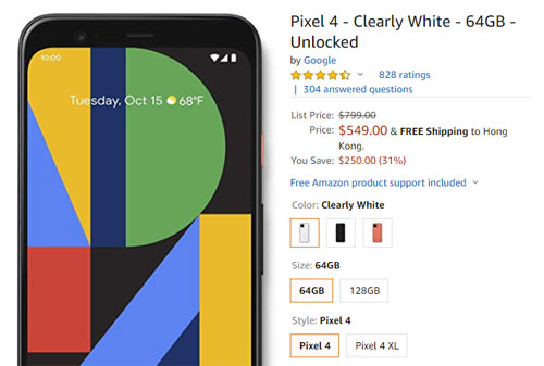 Google Pixel 4/XL 减 US$250 