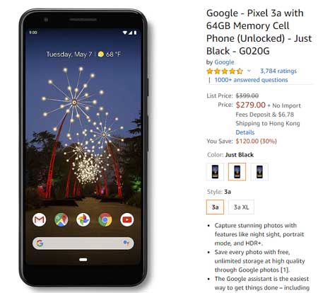 Amazon Pixel 3a 只售 US$279