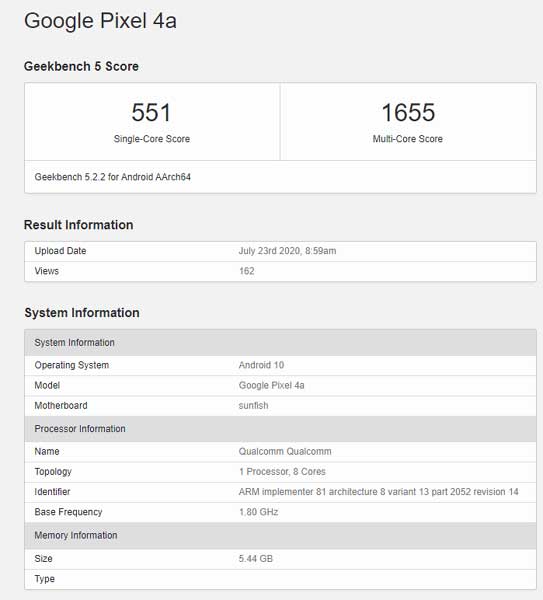 Google Pixel 4a Geekbench 5