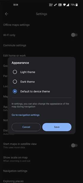 Google Maps Dark Theme Settings