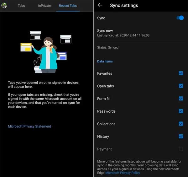 Microsoft Edge 同步分頁和瀏覽記錄