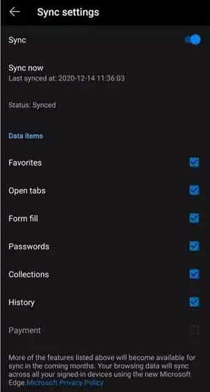 Microsoft Edge Sync Settings