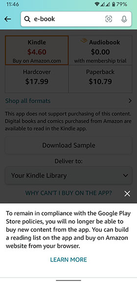 Amazon App not able to buy ebook
